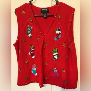 Studio Red Embroidered Christmas Stocking Sweater Vest